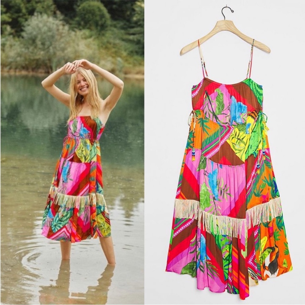 FARM Rio Anthropologie Paloma Fringe / Beaded Colorful Rainbow Midi Dress Small